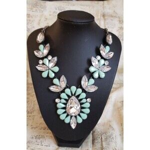 Statement Necklace - Bib Style - Mint Green and Clear Stones/Beads - Whimsy Prom